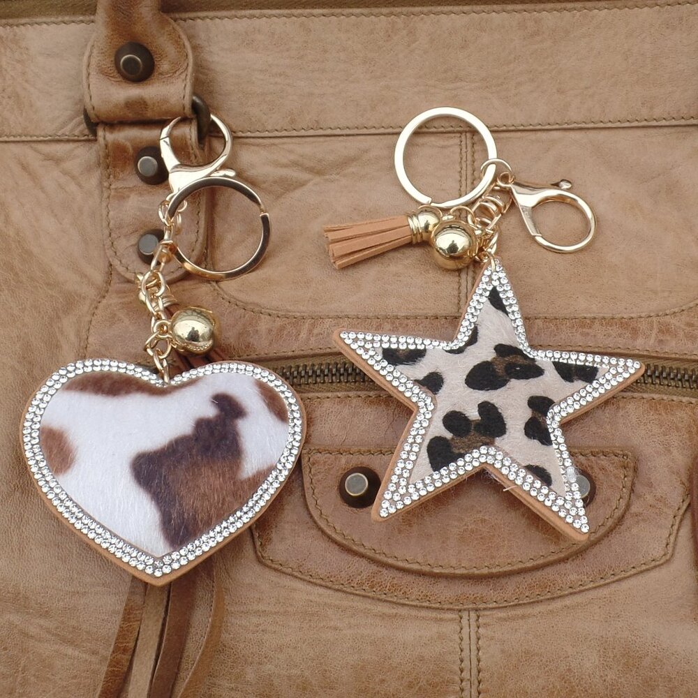 Cowboy Faux Fur Bag Charm Animal Print Rhinestone Trim Key Chain NWOT HEART (1) - Picture 6 of 6